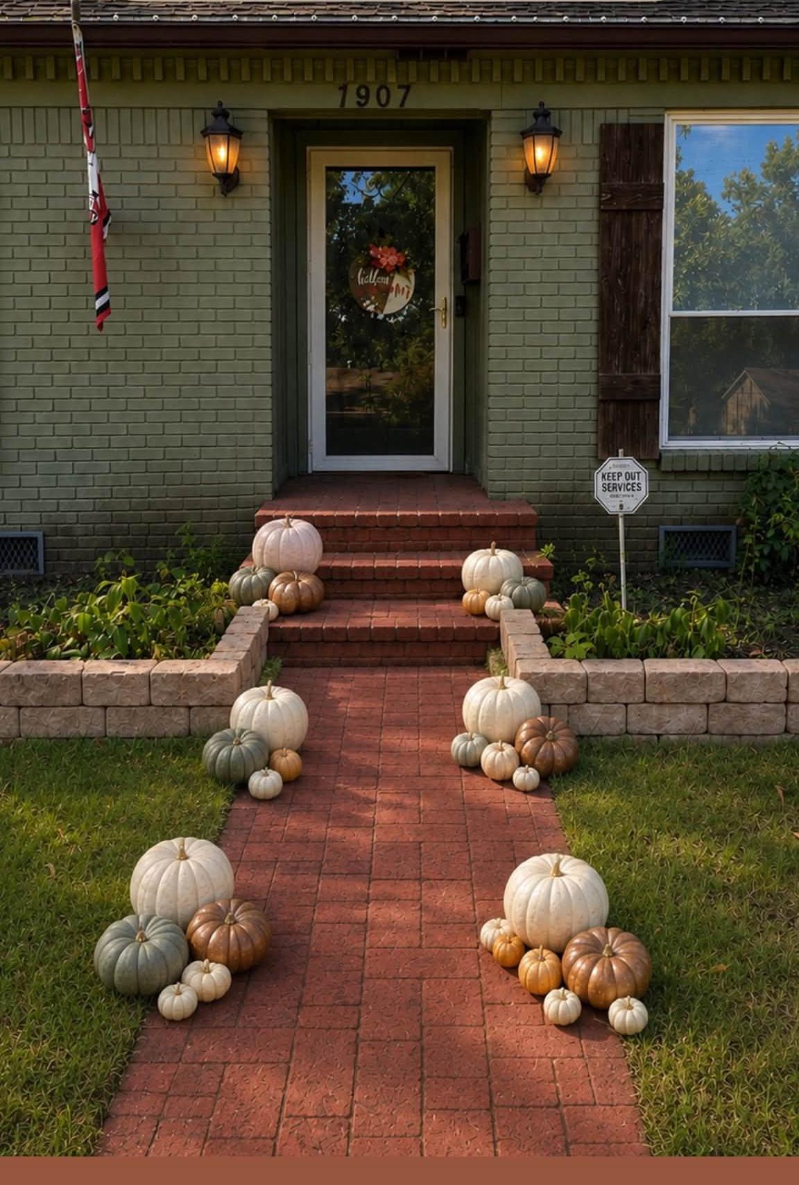Brick pathway lined with white and green pumpkins leading to a green-brick home